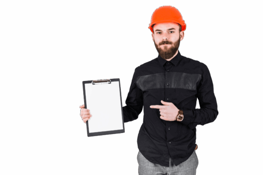 arquiteto-de-barba-jovem-apontando-para-a-area-de-transferencia-isolada-sobre-o-pano-de-fundo-branco